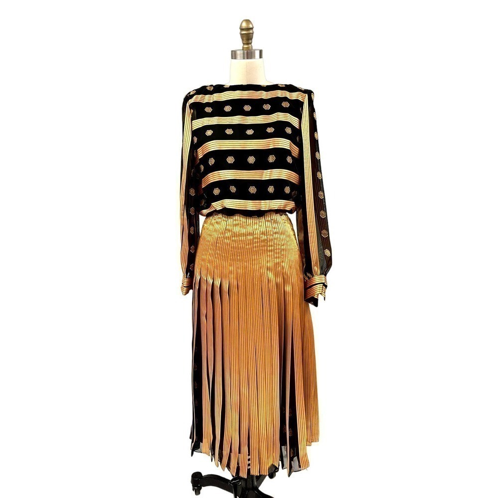 1980s Vtg Raul Blanco Metallic Gold/Black Stunning Polyester Evening Dress Sz S